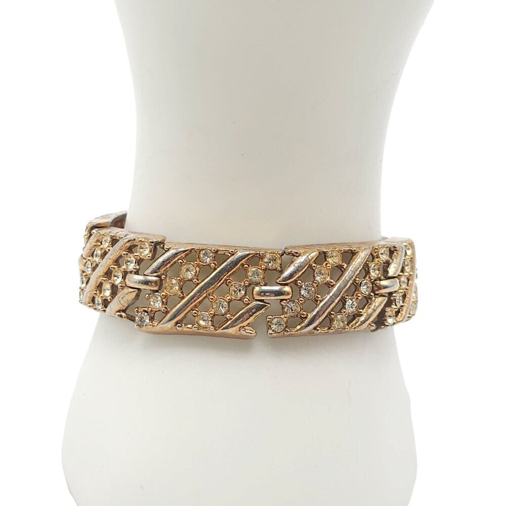 Clear Rhinestone Openwork Panels Link Bangle Bracelet Gold Tone Vintage